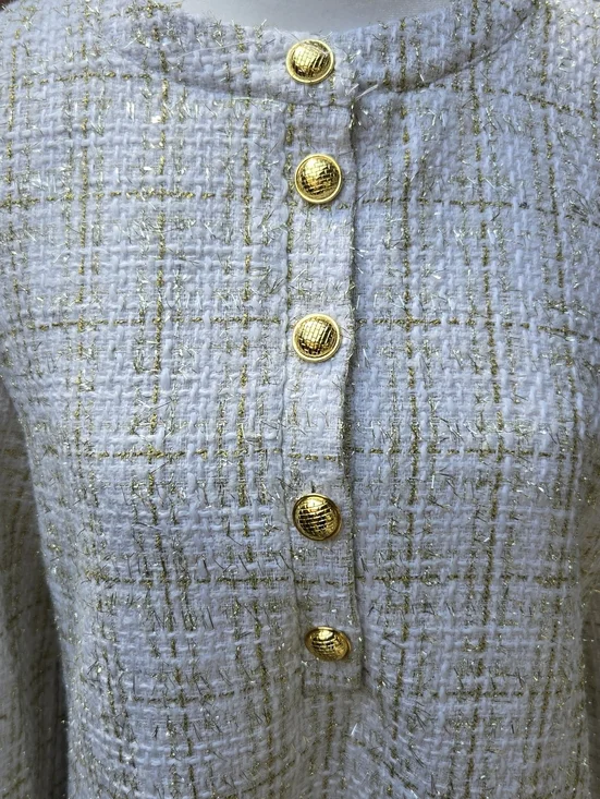 Shop The Mint Ivory Plaid Button-Front Long Sleeve Shift Dress - Picture 4 of 11